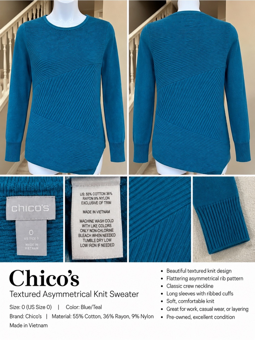 Chico's Teal Textured Asymmetrical Rib Knit Crew Sweater